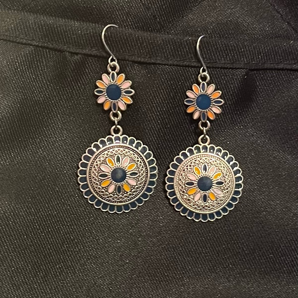 Floral Coral and Blue Dangle Earrings